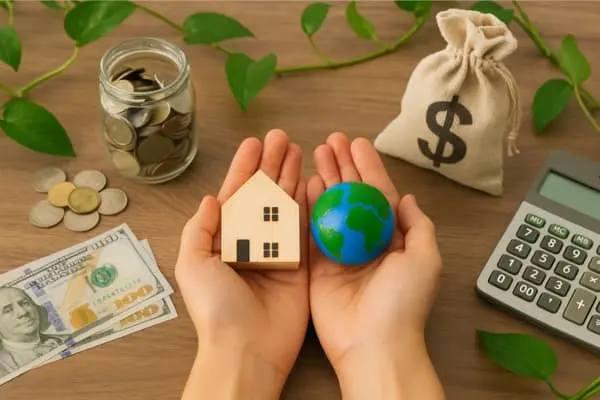 Imagem ilustrando economia doméstica sustentável, com ênfase em decoração econômica, mostrando uma casa pequena, o planeta Terra e elementos financeiros, como moedas e notas, ao lado de uma calculadora