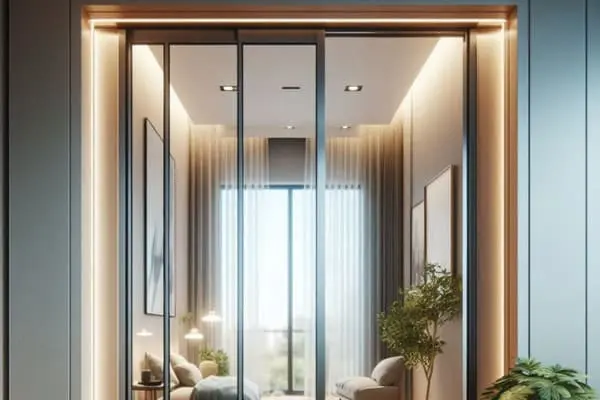 Ambiente moderno com divisória de vidro e iluminação embutida