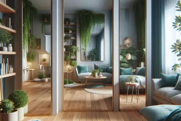 Sala com espelhos amplos, plantas e iluminação natural
