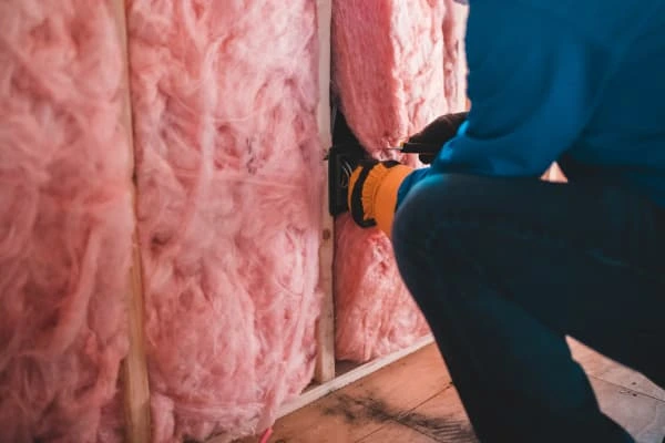 Pessoa instalando isolamento térmico de lã de vidro rosa
