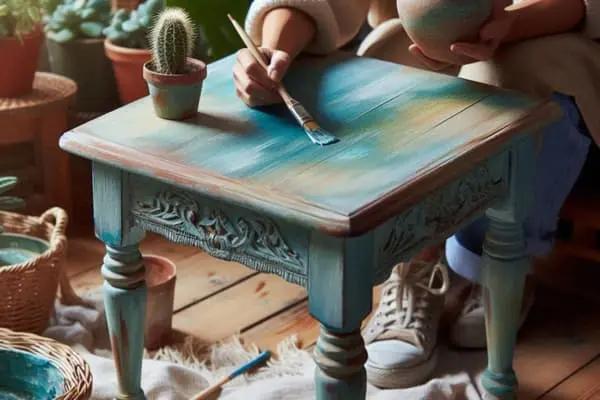 Mesa artesanal sendo pintada em ambiente decorado com plantas