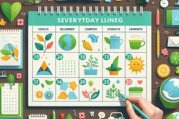 Calendário ilustrado com ícones de hábitos sustentáveis