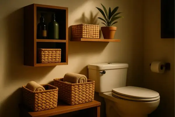 Banheiro compacto com nichos de madeira, caixas de fibra natural e plantas em prateleiras acima do vaso sanitário.